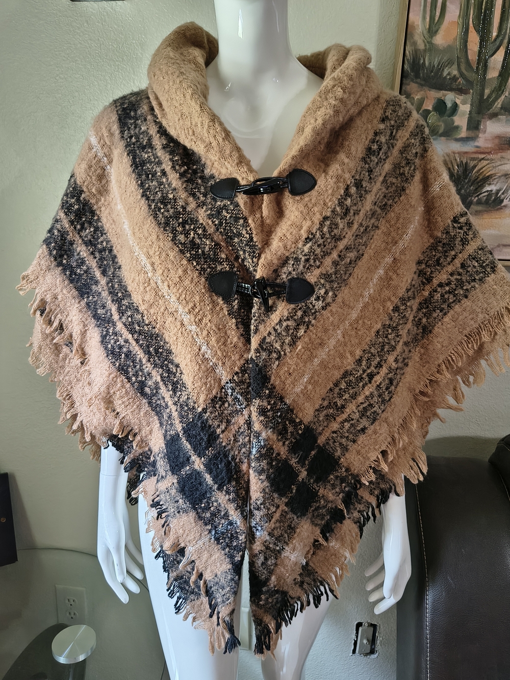 St. John’s Bay Women's Tan and Black Plaid Fringed Poncho with Toggle Closure